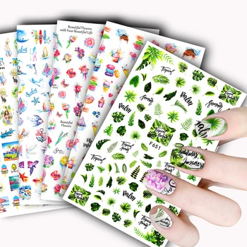 1шт Зеленые листья Красочные Цветочные наклейки для ногтей Принадлежности для нейл-арта Мультяшные Фруктовые Бабочки 3D Клейкие наклейки для украшения ногтей
