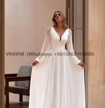 2023 Свадебные платья цвета белой слоновой кости для невесты, изготовленные на заказ, с длинными рукавами и V-образным вырезом, простое свадебное платье с пуговицами, трапециевидное платье Robe De Mariee