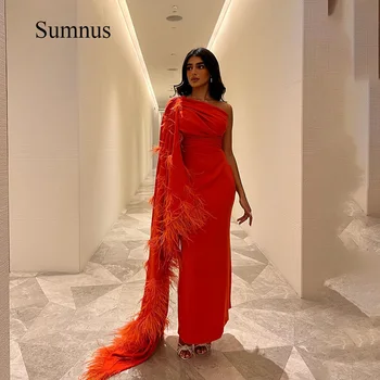Вечерние платья Sumnus с оранжевым пером на одно плечо из Саудовской Аравии, Атласные складки, спандекс, Платье для празднования события в Дубае на заказ