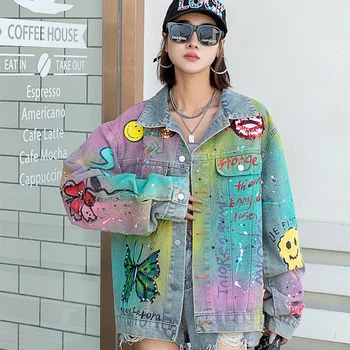 Женская весенне-осенняя новая уличная мода, свободная джинсовая куртка в стиле хип-хоп с принтом граффити ручной работы.