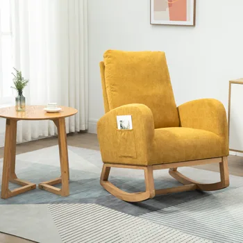 Кресло-качалка для гостиной, удобное сиденье с тканевой подкладкой, деревянная основа, современное кресло с высокой спинкой