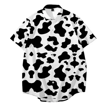 Рубашка с короткими рукавами с принтом коровы, Летний дышащий топ, Мужской тренд, Гавайская пляжная повседневная Свободная рубашка Оверсайз