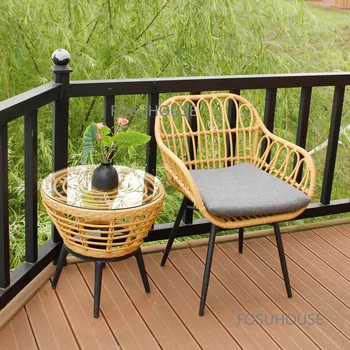Современный простой уличный стул из ротанга для сада во внутреннем дворе, маленький чайный столик из ротанга, стул со спинкой для террасы виллы, ротанговый стул