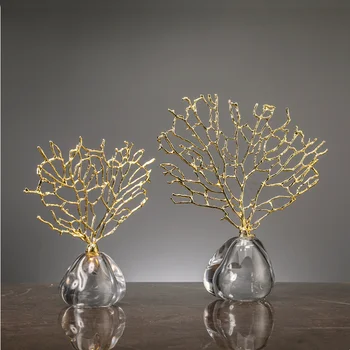 Украшения из искусственного коралла, хрустальное металлическое дерево, стеклянная ваза, полый металлический каркас, смолистый коралловый океан, декоративные фигурки для домашнего декора