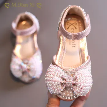 2022 Новая Обувь для девочек, Детская Обувь принцессы со стразами и жемчугом, Обувь для девочек, Свадебная вечеринка, Танцы, Детская обувь с бантом на одной ноге