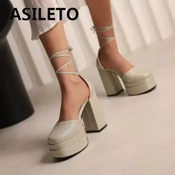 ASILETO/ женские туфли-лодочки с круглым носком на массивном каблуке 12 см, двойная платформа 4 см, перекрещивающийся ремешок, пикантные женские туфли для вечеринок, большие размеры 48 49 50