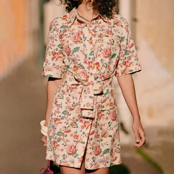 EOS 2023, летнее женское мини-платье-рубашка на шнуровке с цветочным принтом, бренд French Pairs, Винтажный