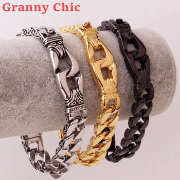 Granny Chic 22 см * 12 мм, тяжелая Нержавеющая сталь, Серебро, Золото, Черный цвет, Кубинский браслет, Мужские Винтажные браслеты, Крутые ювелирные изделия