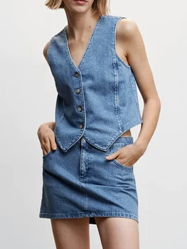 TRAF Женские весенне-летние комплекты джинсовых жилетов и юбок 2023, модные однобортные топы с V-образным вырезом, мини-юбки с эластичной талией, верхняя одежда