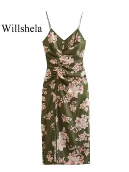 Willshela Женское модное плиссированное платье Миди с разрезом спереди и молнией сзади на винтажных тонких бретелях с V-образным вырезом, женские шикарные платья для леди
