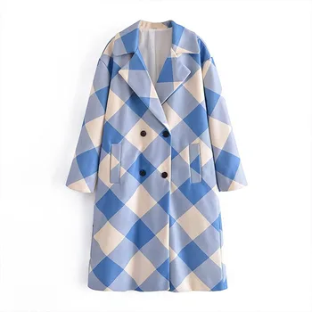 ZATRHMBM 2023 Женское Модное Двубортное Свободное длинное твидовое пальто с лацканами и длинным рукавом в синюю клетку, повседневная зимняя куртка, теплое пальто