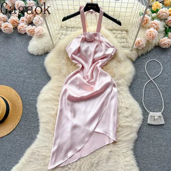 Атласное платье Gagaok 2023, Новая женская машина с сердцем, дизайн с подвешенной шеей, Нерегулярная короткая юбка, Маленькое платье
