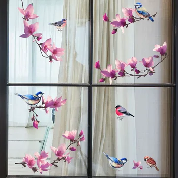 Ветки, птицы, цветы, украшения для дома, стеклянные окна, самоклеящиеся наклейки на стены