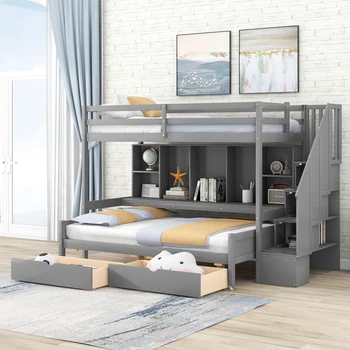 Двухъярусная кровать Twin XL со встроенными полками для хранения, выдвижными ящиками и лестницей, серый