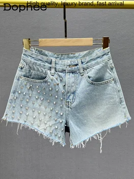 Женская джинсовая одежда, Модная Новинка 2023 года, весна-лето, с высокой талией, для похудения, с заклепками, Широкие джинсовые шорты, горячие брюки