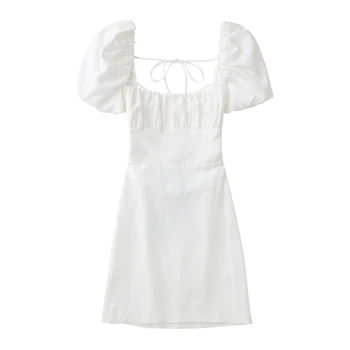 женское белое модное платье из льняной смеси, женский квадратный вырез, короткие пышные рукава, перекрещивающиеся бретельки на спине, платье для женщин