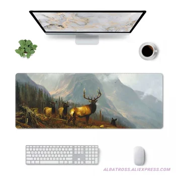 Игровой Коврик для мыши Cool Cliffs Elk Painting с резиновыми прошитыми краями, Коврик для мыши 31,5 