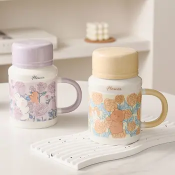 Керамическая кружка с милым кроликом и ложкой, чашка для чая в виде животного, креативный подарок для подруги, Кавайные оригинальные кофейные чашки для завтрака