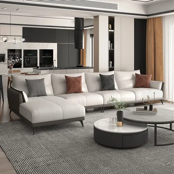 комплект мебели для гостиной, роскошный кожаный диван, современный минималистичный диван для гостиной из массива дерева, мягкий и удобный пуховый мешок