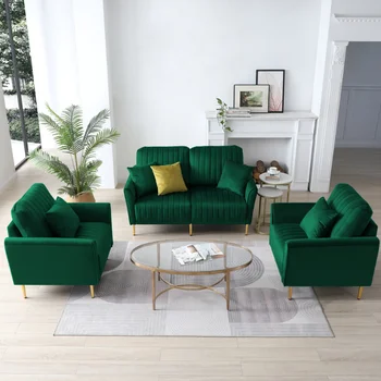 Комплект секционных диванов из 3 предметов для гостиной \ Диван-кресло с бархатным ворсом и металлическими ножками \ Односпальный диван из 2 предметов