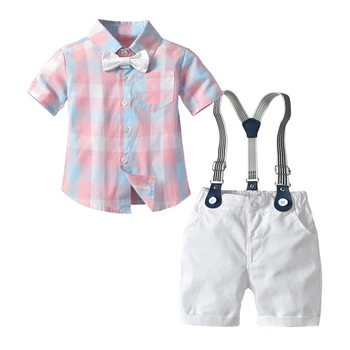 Летний комплект одежды для мальчиков-джентльменов, Рубашка с коротким рукавом и галстуком-бабочкой, Топы + шорты, Повседневная одежда Для маленьких мальчиков, Официальный костюм, 3 шт.