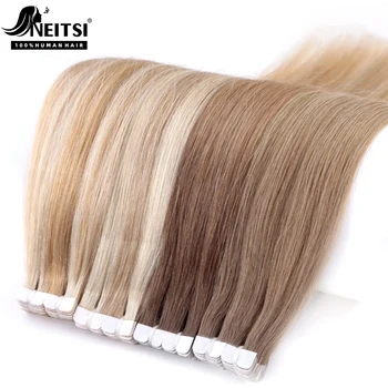 Мини-Лента Neitsi Ombre Color Для Наращивания Человеческих Волос С Помощью Клея Прямой Уток Из Кожи 100% Натуральные Настоящие Мега Волосы 12