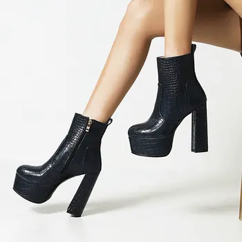 Модные ботильоны на платформе, женские ботинки на очень высоком каблуке, женские ботинки на молнии из искусственной кожи с принтом в стиле панк, осенне-зимняя обувь