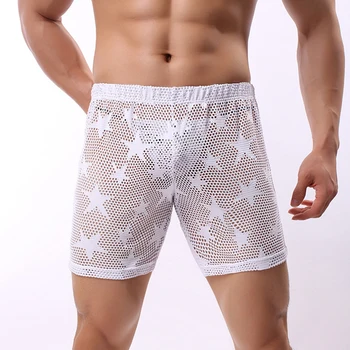 Мужские прозрачные плавки-боксеры, шорты со звездным рисунком, мужские спортивные трусики с дышащей сеткой, сексуальные прозрачные трусы для геев