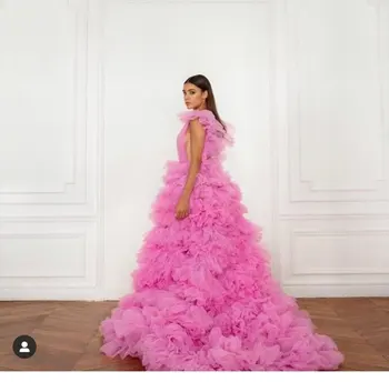 Новейшие красивые розовые платья для выпускного вечера из тюля с высокими и низкими оборками 2021, сексуальное длинное женское вечернее платье из тюля, пышный халат