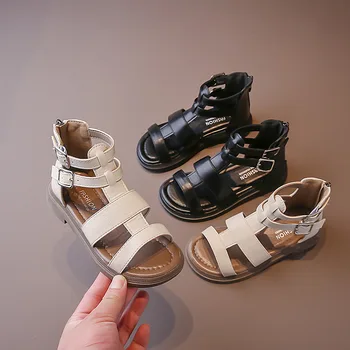 Новые летние сандалии для маленьких девочек 2023 года, Однотонная детская повседневная пляжная обувь с высоким берцем и застежкой-молнией сзади, Детская обувь на плоской подошве G04274