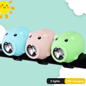 Передние фары детского велосипеда, 3 режима освещения, подсветка руля велосипеда с мультяшной свиньей, USB-перезаряжаемые детские велосипедные фонари, фонарик