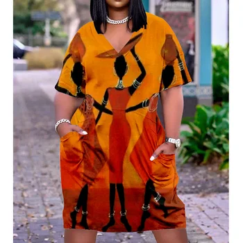 Платье с родным принтом Африка Женские модные богемные пляжные платья Миди Карман С коротким рукавом Вечернее платье Элегантный Сексуальный сарафан Новый