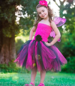 Розовое платье-пачка с цветочным узором для девочек, детское балетное тюлевое платье с крылышком бабочки и бантом для волос, детское платье для костюмированной вечеринки на Хэллоуин