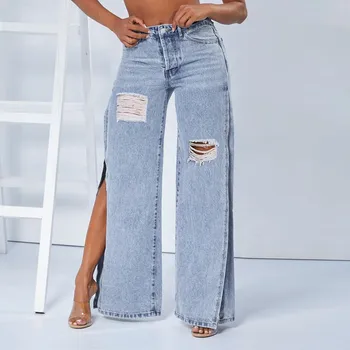 Сексуальные джинсы с разрезами, Мешковатые с принтами, женские джинсовые брюки больших размеров, Повседневные джинсы с дырками, Брюки на молнии, Широкие брюки, брюки Оверсайз