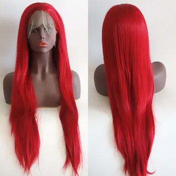 Синтетический парик с кружевом спереди Огненно-красного цвета, длинные шелковистые прямые волосы из термостойких волокон, натуральный волосяной покров без пробора для женщин