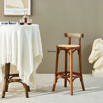 Скандинавский барный стул Барные стулья из массива Дерева Современный минималистичный Высокий Табурет из ротанга Ретро Простая Спинка Деревянный Табурет с высокими Ножками для кухни