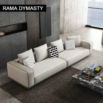 Современный простой кожаный диван в гостиной, современный большой плоский пол, большой бытовой диван из воловьей кожи первого слоя, встроенный в блок из тофу