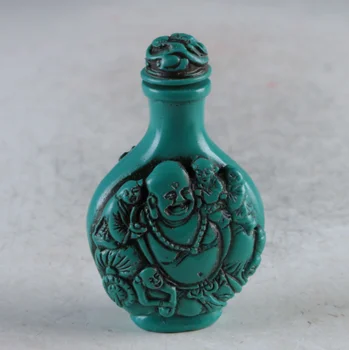 Старинная китайская бирюзовая бутылочка для нюхательного табака с вырезанными вручную иероглифами