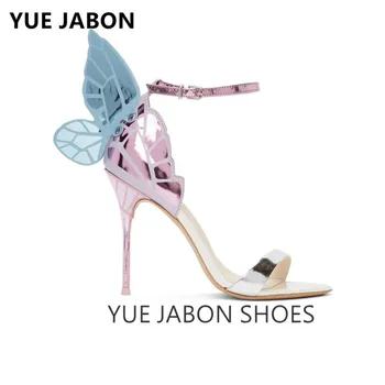 Стиль роскошные крылья бабочки для женщин высокие каблуки бабочкой летние сандалии обувь женщина, открытым носком лодыжки ремень с бантом обувь партия насосов