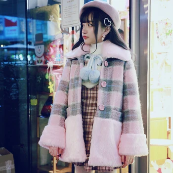 Студенческое пальто Princess sweet lolita BOBON21 Розовое теплое пальто из шерсти ягненка в серо-розовую клетку C1432