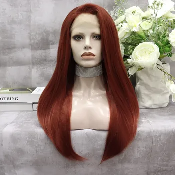 Темно-красновато-коричневый Шелковистый прямой бесклеевой Длинный синтетический парик на кружеве 13x4 спереди для чернокожих женщин, легкий в носке Мягкий натуральный парик 