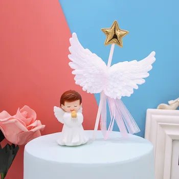 Украшение праздничного торта с крыльями звездного Ангела, Розово-белые наклейки с крыльями феи, топперы для торта, декор детского праздничного торта с единорогом