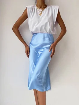 Элегантная женская юбка, летняя атласная юбка трапециевидной формы с высокой талией, Корейская мода, длинные юбки из однотонного шелка для женщин, мода 2023